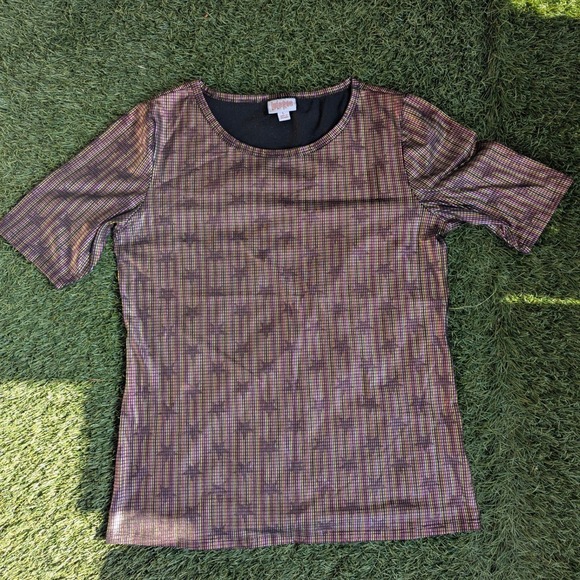 LuLaRoe Tops - LuLaRoe Metallic Rainbow Stripe Star Short Sleeve Top Womens Large Shimmer Shirt